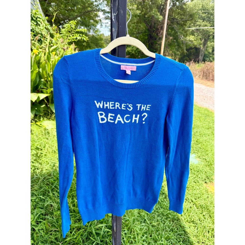 Lilly Pulitzer Wheres The Beach Blue Cotton Crewneck Sweater Womens Small